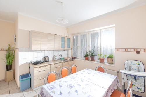 a kitchen with a table and chairs and a table and a table at Willa Bryza in Niechorze