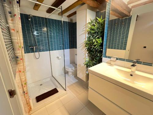a bathroom with a shower and a toilet and a sink at La Redonda Catedral Ascensor by Apartamentos Logrono in Logroño