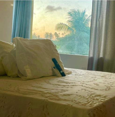 a bed with a view of a palm tree from a window at La Pousada in Maceió