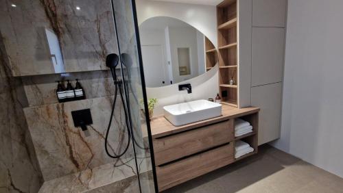 une salle de bain avec un lavabo et une douche avec un miroir dans l'établissement VILLA AVEC PISCINE PORTO-VECCHIO CORSICA, à Porto-Vecchio