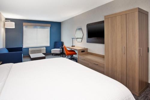 a hotel room with a bed and a desk and a tv at Holiday Inn Express Hotel & Suites - Belleville Area by IHG in Belleville
