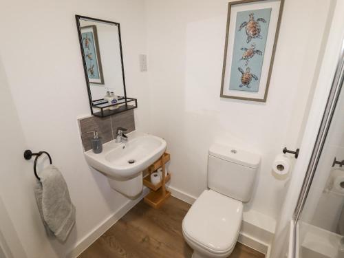 La salle de bains blanche est pourvue de toilettes et d'un lavabo. dans l'établissement 22 River View, à Preston
