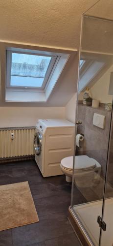 a bathroom with a toilet and a window at Zum weißen Stein in Bad Arolsen