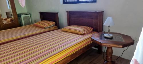 two twin beds in a room with a table and a night stand at Nature love Negombo in Kochchikade