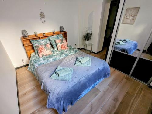 une chambre avec un lit avec des draps bleus et un miroir dans l'établissement Bel appartement Mauguio, à Mauguio