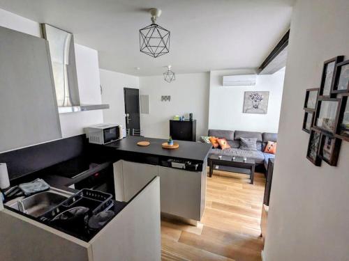une cuisine avec un comptoir et un salon dans l'établissement Bel appartement Mauguio, à Mauguio