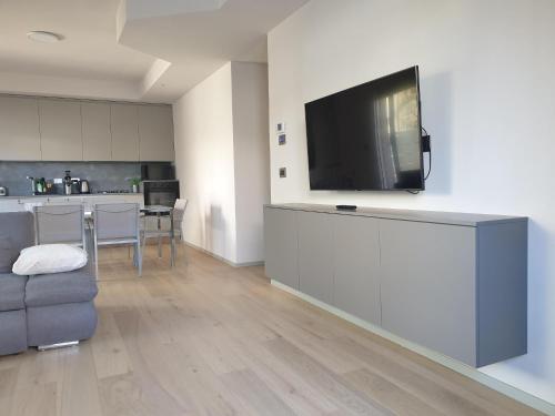 salon z kanapą i telewizorem z płaskim ekranem w obiekcie Potenza Suite Home w mieście Riccione