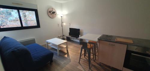 ein Wohnzimmer mit einem blauen Sofa und einem Tisch in der Unterkunft Idéal couple Appartement 1 chambre Cosy et calme pour visiter Nantes in Nantes
