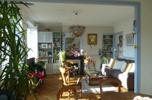 un salon avec un canapé et une cheminée dans l'établissement Charmant appartement à Paris, à Paris