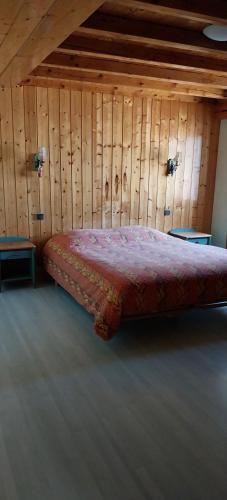 een slaapkamer met een bed in een kamer met houten wanden bij Appartements en Montagnes in Aime La Plagne