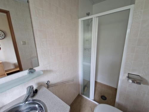 een badkamer met een douche, een wastafel en een toilet bij Camping Goedereede Chalet nr 16 in Goedereede