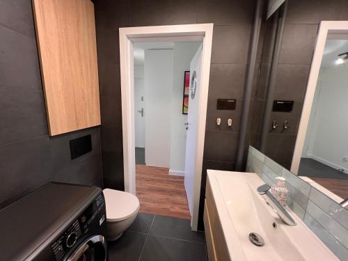 La salle de bains est pourvue de toilettes, d'un lavabo et d'un miroir. dans l'établissement Apartament P38, à Tarnów