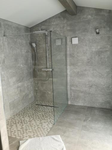 a shower with a glass door in a bathroom at Mas Puig in Saint-Genis-des-Fontaines