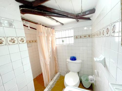 baño blanco con aseo y ventana en Great Rustic Colonial Villa in Punta Larga, Boyacá, en Nobsa