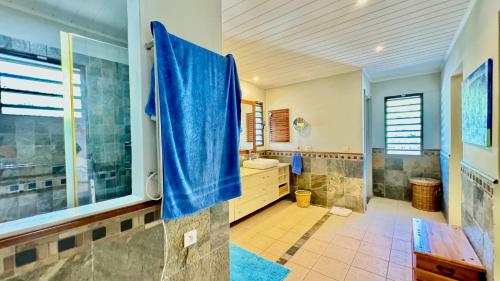 ein großes Bad mit einer Dusche und einem Waschbecken in der Unterkunft Villa Petit Tamarin : piscine bar et grand jardin tropical in Tamarin