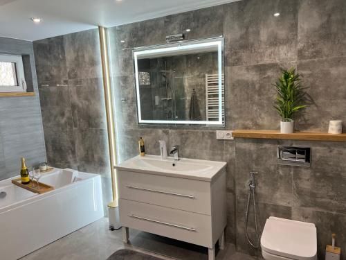 a bathroom with a sink and a toilet and a tub at Siedlisko Wyżne in Wyżne