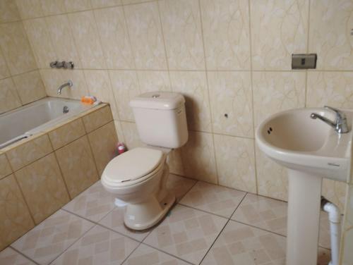 uma casa de banho com um WC e um lavatório em Habitación Matrimonial Oruro Carnaval em Oruro
