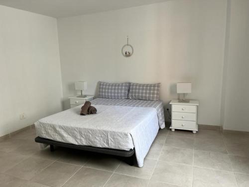 un osito de peluche sentado en una cama en un dormitorio en Centro Santa Cruz, amplio, luminoso, a minutos de la playa., en Santa Cruz de la Palma