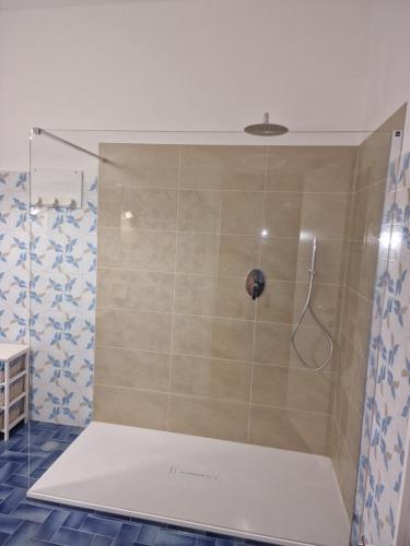 a bathroom with a shower with a glass door at villa oliveta in San Gimignano