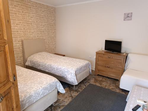 a small room with two beds and a tv at Sunny garden studio in Athens