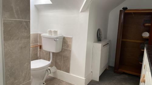 uma casa de banho com um WC branco num quarto em Drop Anchor Guesthouse em Cleggan