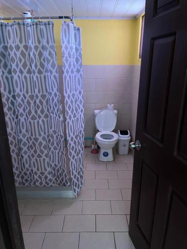 uma casa de banho com um WC e uma cortina de chuveiro em El Parque Bed and Breakfast em Alajuela