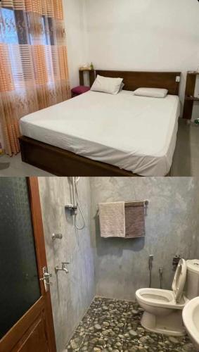 two pictures of a bedroom with a bed and a toilet at Heaven Hill Guesthouse in Weligama