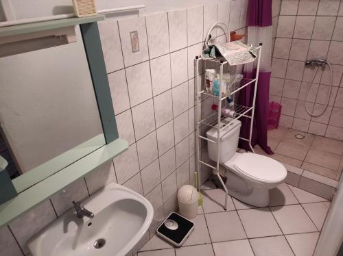 een kleine badkamer met een toilet en een wastafel bij F1 BLUE MARINE in Le Marin