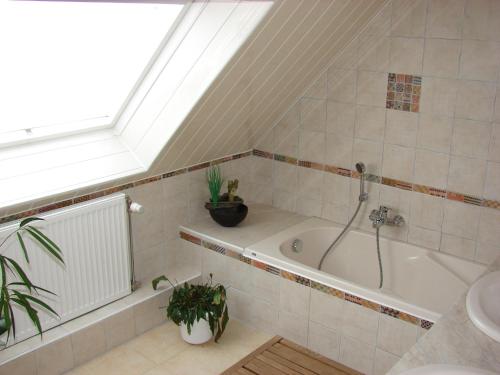 La salle de bains est pourvue d'une baignoire et d'une lucarne. dans l'établissement Adossée à la colline, à Willer-sur-Thur