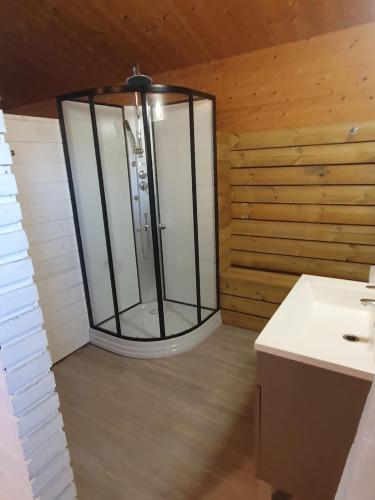 - une douche en verre dans une chambre avec lavabo dans l'établissement LA LANDAISE, à Sainte-Eulalie-en-Born