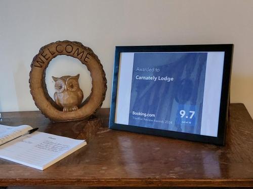 a picture of a cat sitting on a table with a picture at Carnately Lodge in Ballycastle