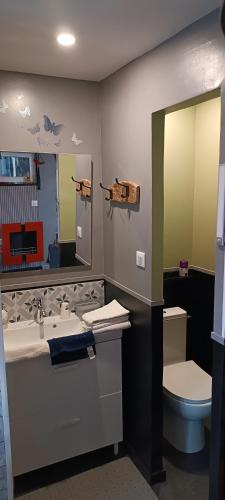 une salle de bain avec un lavabo, des toilettes et un miroir dans l'établissement LOVE ROOM Cabane des charmes, à Andernos-les-Bains