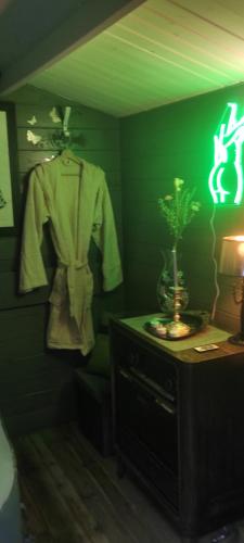 a green room with a dresser and a shirt hanging on a wall at LOVE ROOM Cabane des charmes in Andernos-les-Bains