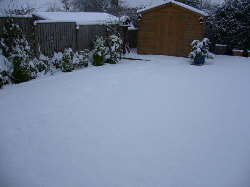 a yard covered in snow with a wooden shed at Large private room in Biddulph-Stoke On Trent in Biddulph