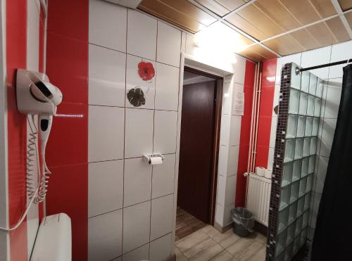 a bathroom with a red and white tiled wall at Pensiunea Johanna in Arad