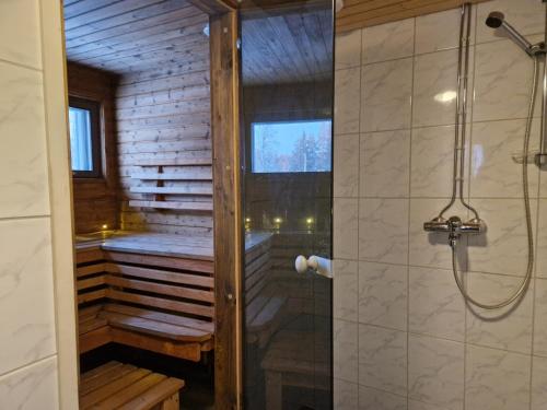 een badkamer met een douche en een inloopdouche bij Ainola 2 in Syöte