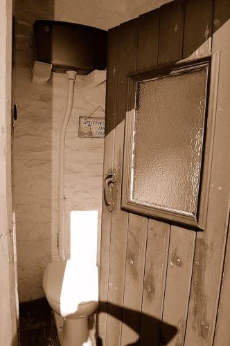 a bathroom with a toilet and a window and a door at Tre-Allt Gorgeous Cottage in Dolgellau
