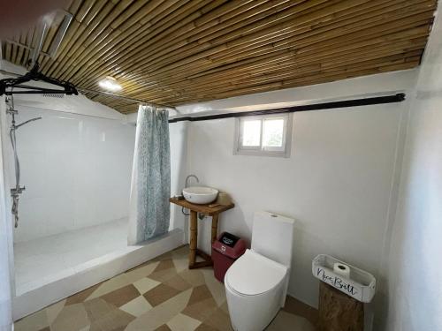ein Bad mit einem WC und einem Waschbecken in der Unterkunft Tabskie’s Homestay in Catarman