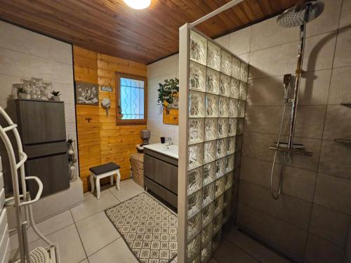 y baño con ducha y lavamanos. en Grand Chalet, en Bourbon-Lancy