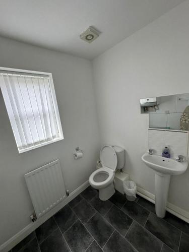 a bathroom with a toilet and a sink at Manchester home near City Centre and City stadium in Manchester