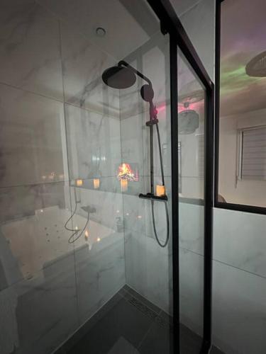 La salle de bains est pourvue d'une douche et d'une paroi en verre. dans l'établissement Le Diamant Secret Love room gîte de charme romantique exceptionnel, à Marzan