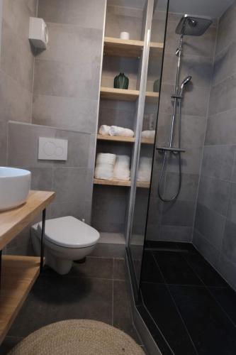une salle de bain avec une douche, des toilettes et un lavabo dans l'établissement Studio Cannes - 5mn Palais des Festivals (400m), à Cannes