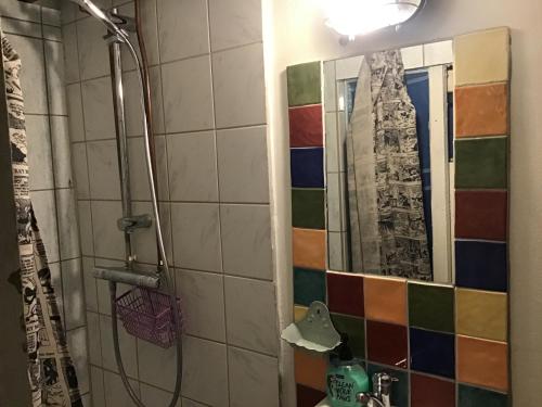 bagno con doccia e specchio di GETGYR Hostel a Holbæk