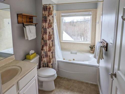 a bathroom with a tub and a toilet and a window at Relaxing Condo on the River - NEW Air Hockey Table in Pigeon Forge