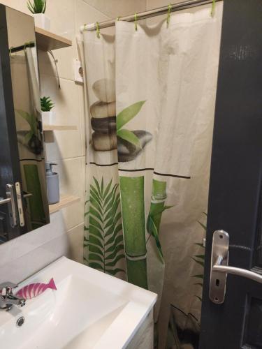 a bathroom with a shower curtain with a sink at Maria in Rio do Ouro