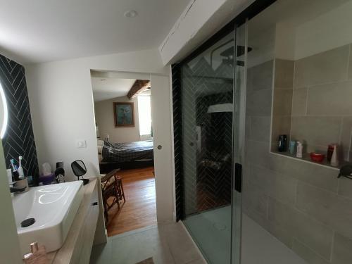 uma casa de banho com uma cabina de duche em vidro e um lavatório. em Le Moulin de La Grave - Lagrasse em Lagrasse