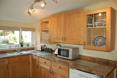 cocina con armarios de madera y microondas en Bronhaul Cottage in Pennal, en Pennal