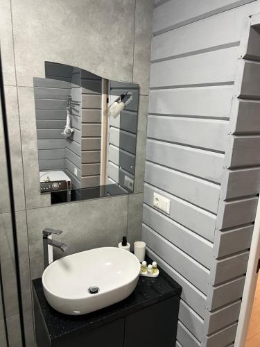 ein Badezimmer mit einem weißen Waschbecken und einem Spiegel in der Unterkunft VK WeLKoMe in Werchowyna