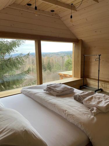 Cama grande en habitación con ventana grande en Bieszczadzki Zagajnik, en Lesko