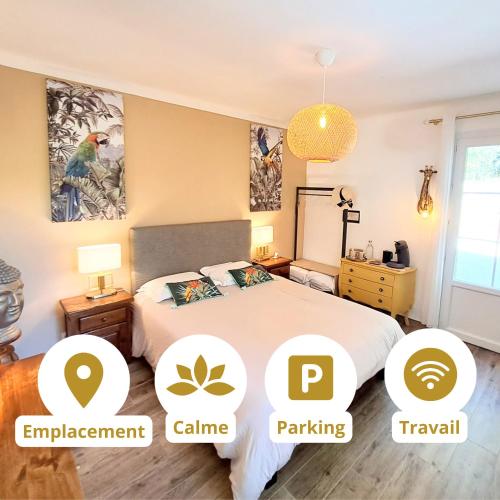 1 dormitorio con 1 cama con iconos de una habitación en Suite de charme provençale, en La Valette-du-Var